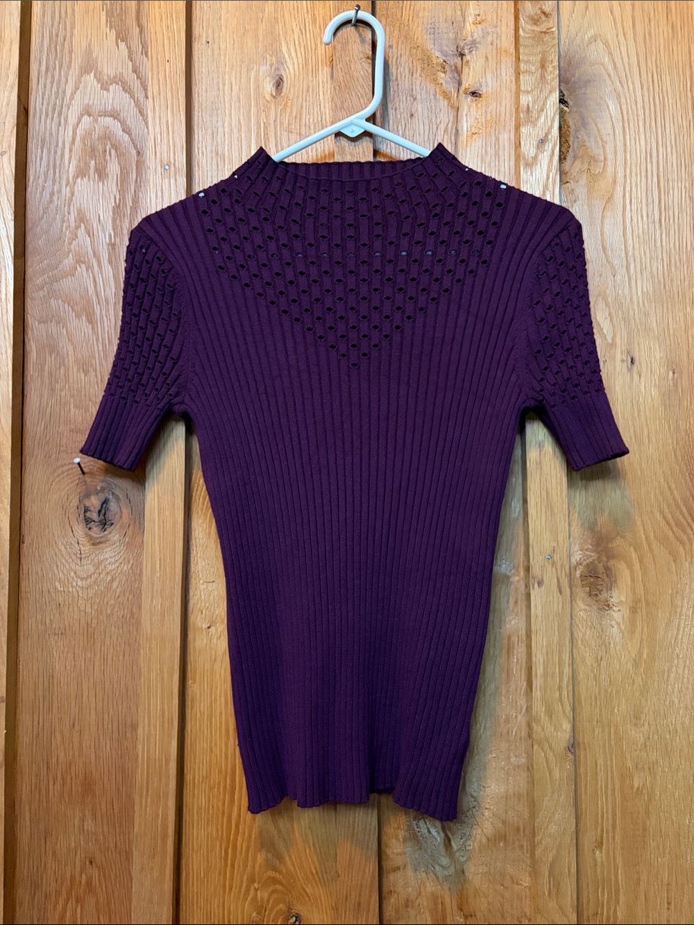 Truth Republic Ribbed Short Sleeve  Mock Neck Bodycon Sweater Medium Dark Plum